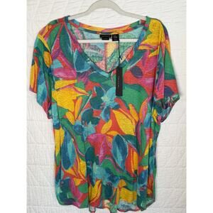 Tahari Women's 100% Linen Kelly Green V Neck Short Sleeve T Shirt 2X Coastal NWT